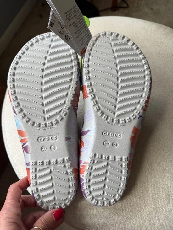 CROCS White Flip Sandals with Multicolor Floral Straps - Picture 2 of 5